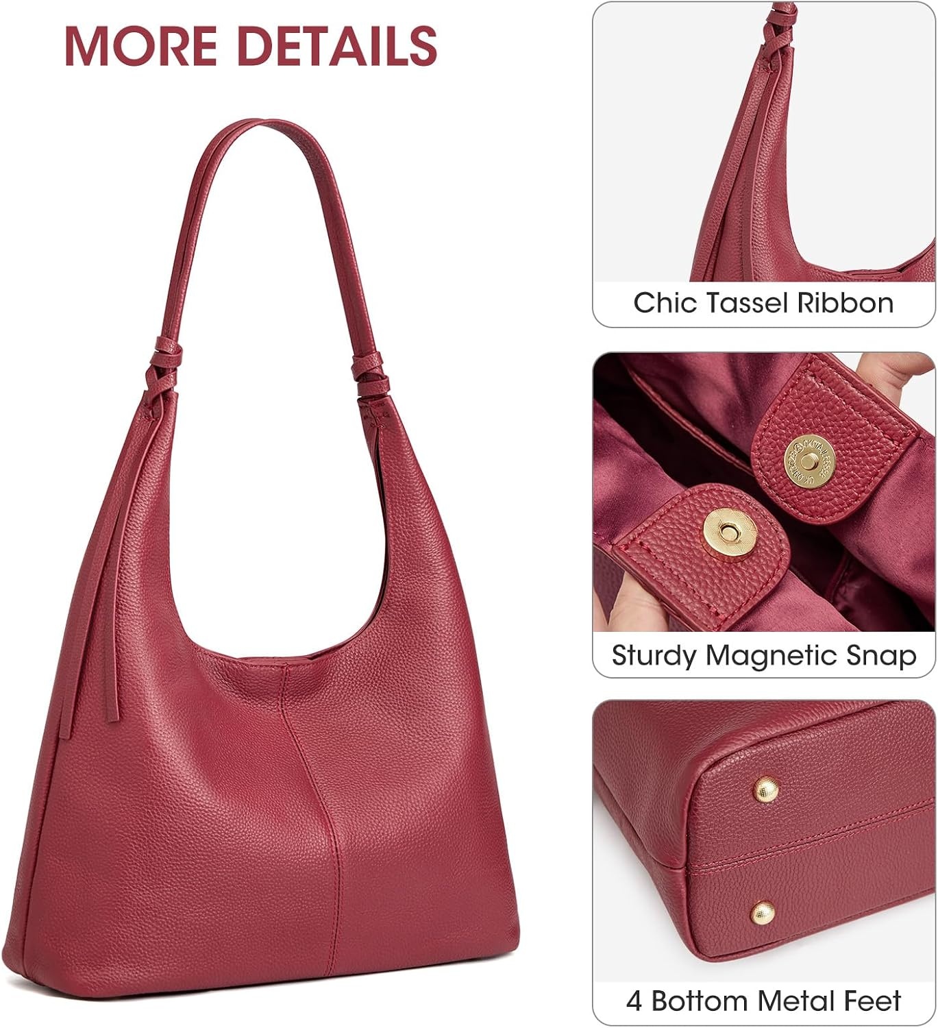 image:imageKattee Genuine Leather Shoulder Bag for Women Slouchy Hobo BagsWine Red