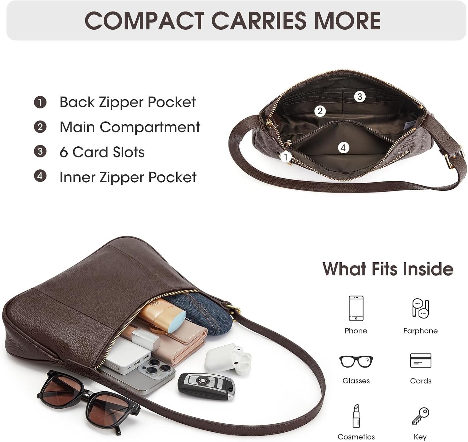 image:imageKattee Small Shoulder Bag for Women Crescent Leather Purse HandbagCoffee