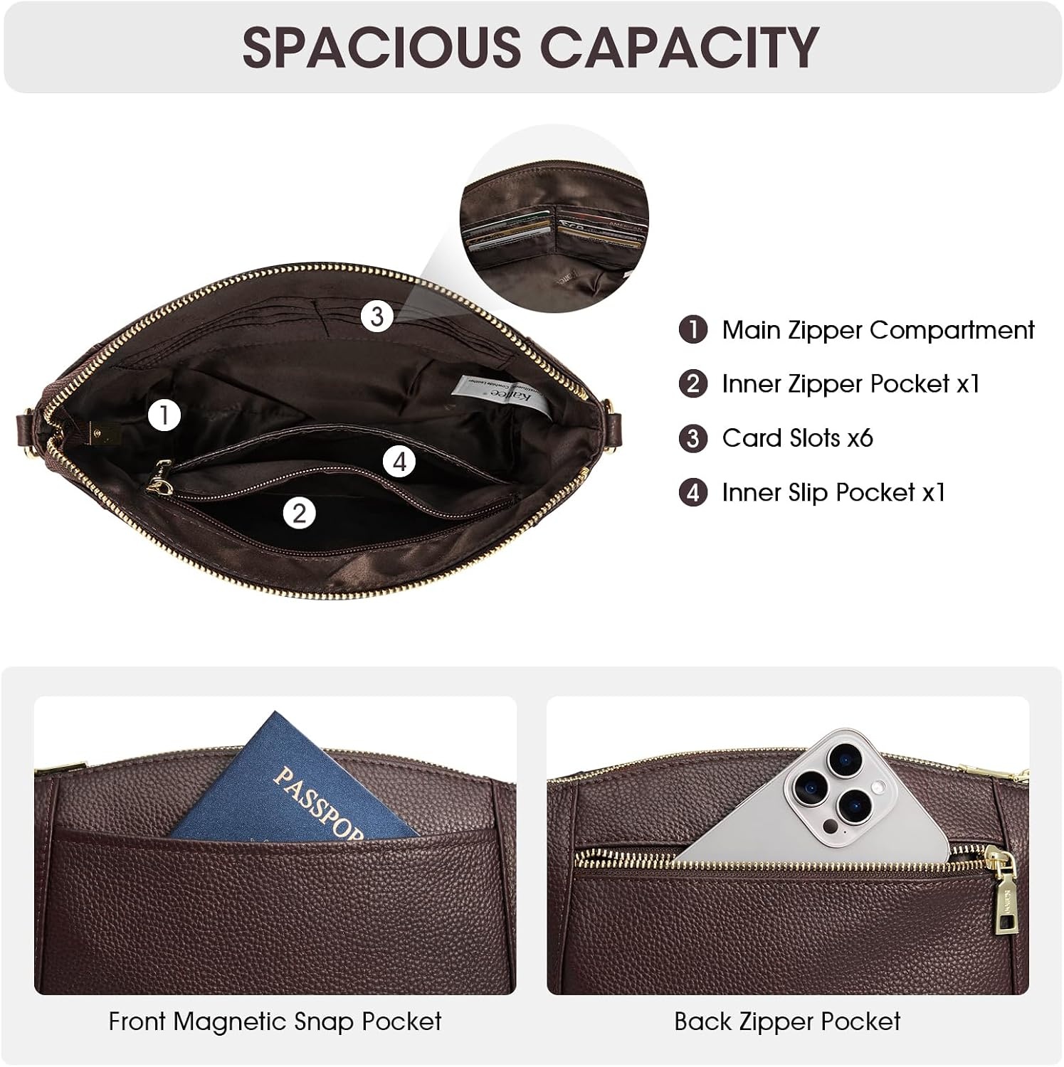 image:imageKattee Leather Crossbody Bags for Women Travel Small Purse RFID BagCoffee